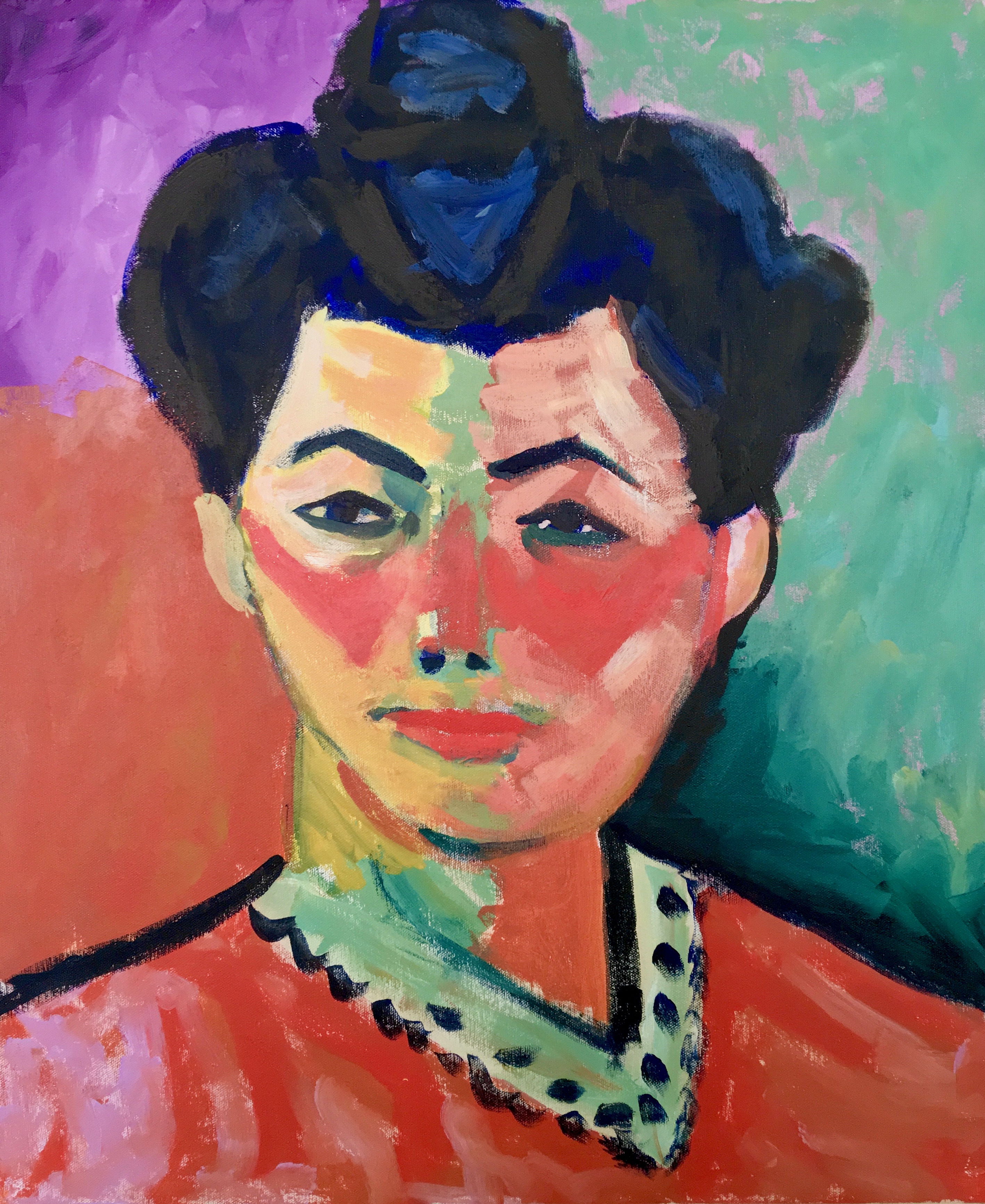 Painting of a woman in the style of Matisse, with bold red, green, and purple with a rash on her face resembling a malar rash of lupus.
